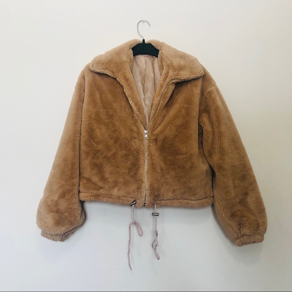 Camel Faux Fur Bomber Jacket